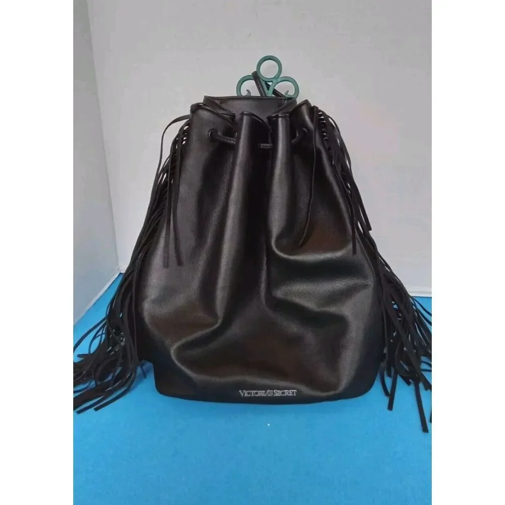 Victoria's Secret Black Faux‎ Leather Drawstring Bucket Bag with Fringe Detail